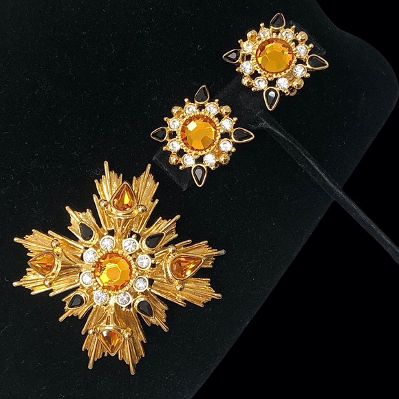 JOAN RIVERS STARBURST AMBER, GOLD & BLACK BROOCH - Picture 13 of 14